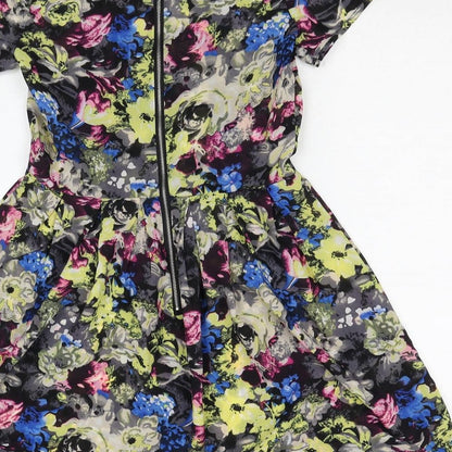 Influence Womens Multicoloured Floral Polyester Skater Dress Size 10 Round Neck Zip