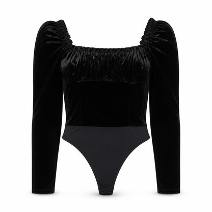 Front view of Miss Selfridge women’s black polyester bodysuit one-piece, size UK 8, snap