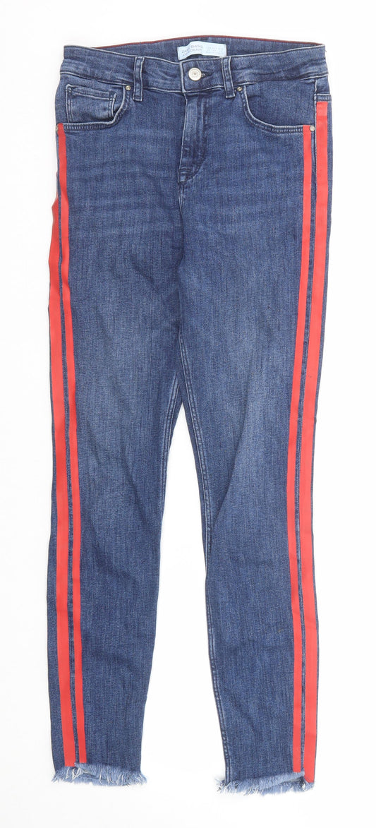 Zara Womens Blue Striped Cotton Skinny Jeans Size 8 Regular Zip