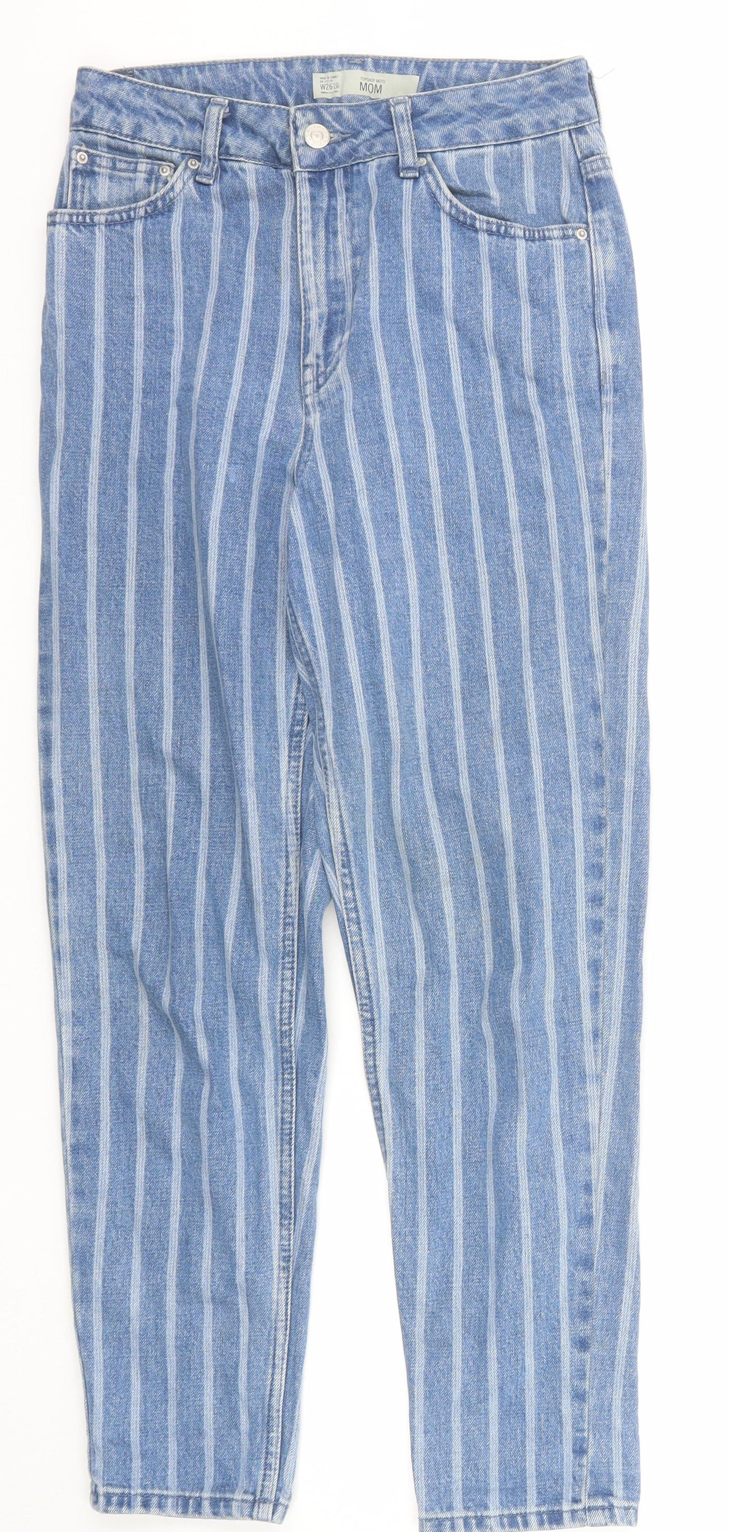 Topshop Womens Blue Striped Cotton Mom Jeans Size 26 in Regular Zip