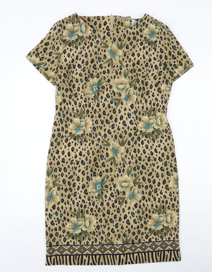 Kathie Leo Womens Gold Geometric Polyester A-Line Size 8 Round Neck Zip - Leopard Flower Pattern