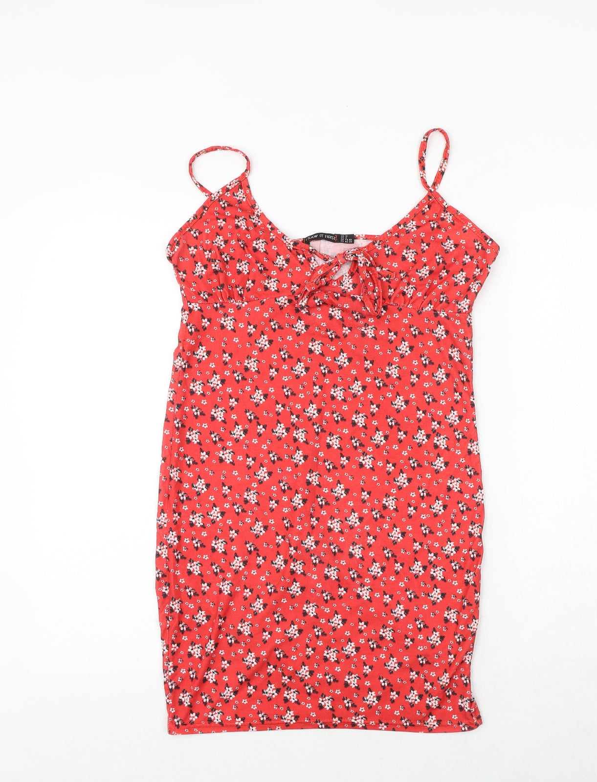 I SAW IT FIRST Womens Red Floral Viscose Slip Dress Size 12 V-Neck Tie