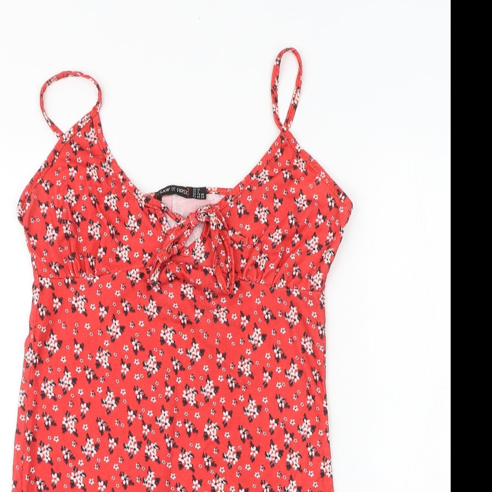 I SAW IT FIRST Womens Red Floral Viscose Slip Dress Size 12 V-Neck Tie