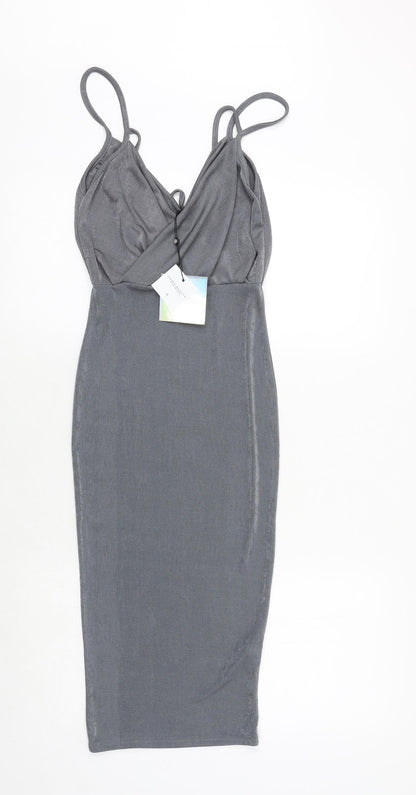 Missguided Womens Grey Polyester Slip Dress Size 4 V-Neck Pullover