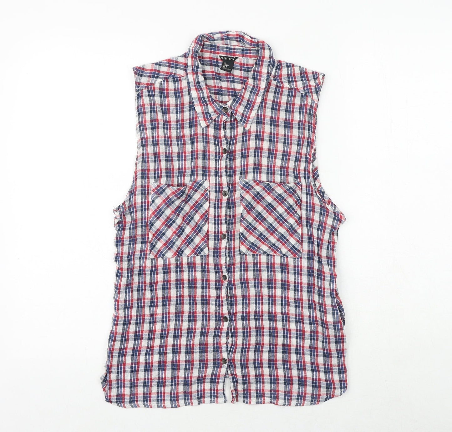 FOREVER 21 Womens Multicoloured Plaid 100% Cotton Basic Button-Up Size L Collared