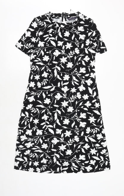 Marks and Spencer Womens Black Floral Viscose A-Line Size 8 Boat Neck Button