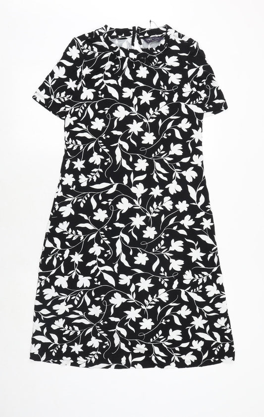 Marks and Spencer Womens Black Floral Viscose A-Line Size 8 Boat Neck Button
