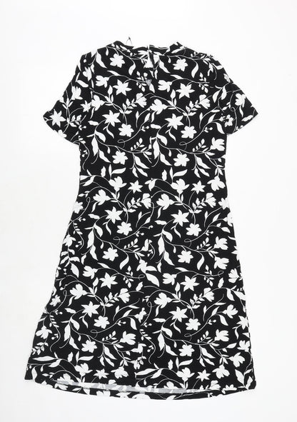 Marks and Spencer Womens Black Floral Viscose A-Line Size 8 Boat Neck Button
