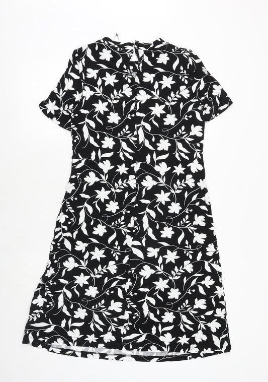Marks and Spencer Womens Black Floral Viscose A-Line Size 8 Boat Neck Button