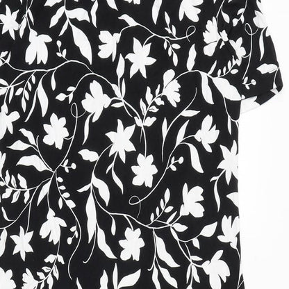 Marks and Spencer Womens Black Floral Viscose A-Line Size 8 Boat Neck Button