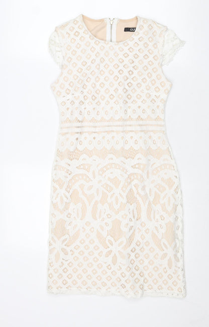 Quiz Womens White Geometric Polyester Shift Size 6 Round Neck Zip