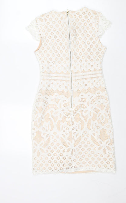 Quiz Womens White Geometric Polyester Shift Size 6 Round Neck Zip