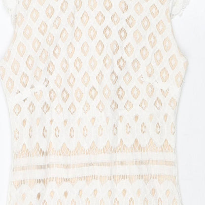 Quiz Womens White Geometric Polyester Shift Size 6 Round Neck Zip