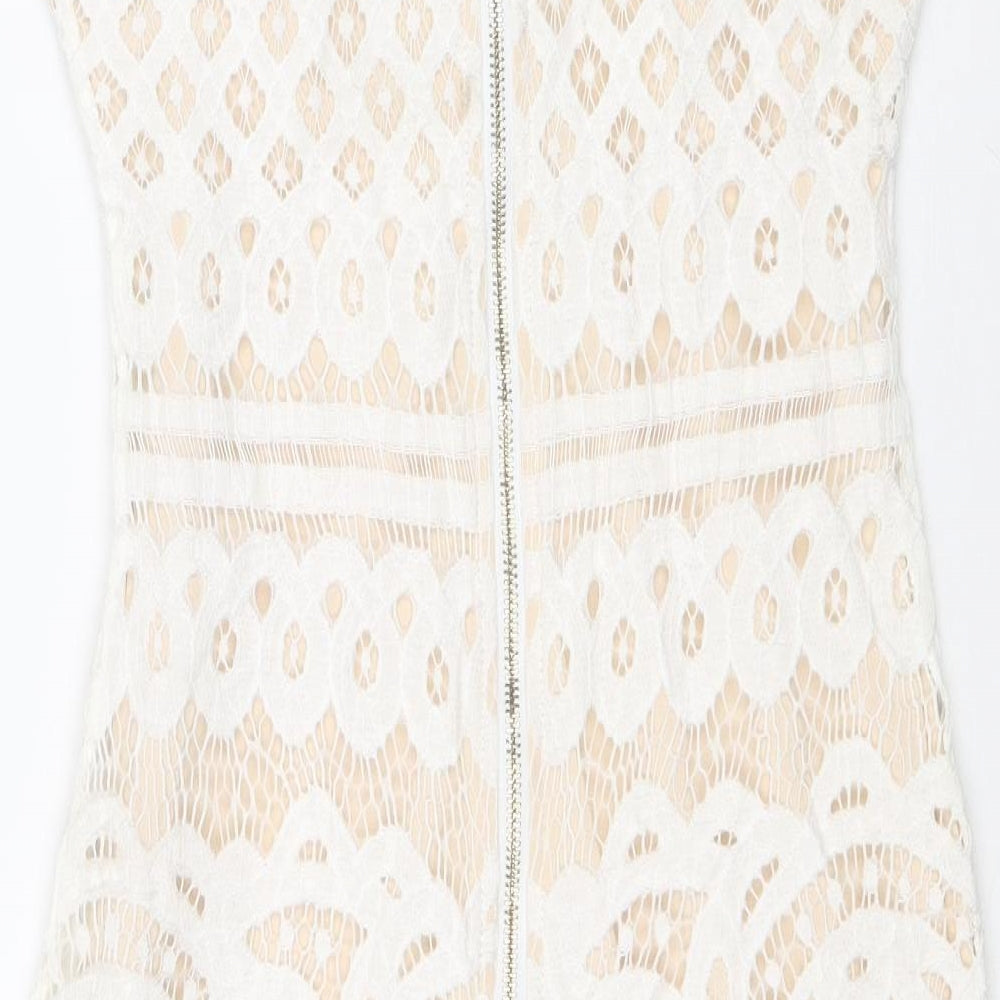 Quiz Womens White Geometric Polyester Shift Size 6 Round Neck Zip