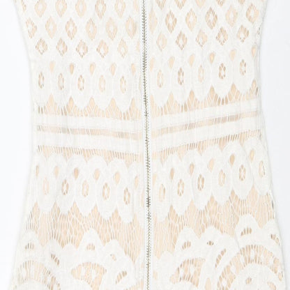 Quiz Womens White Geometric Polyester Shift Size 6 Round Neck Zip