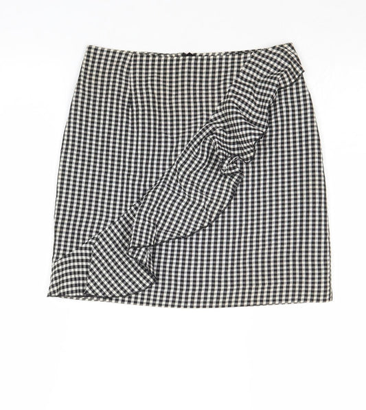 H&M Womens Black Check Viscose A-Line Skirt Size 6 Zip