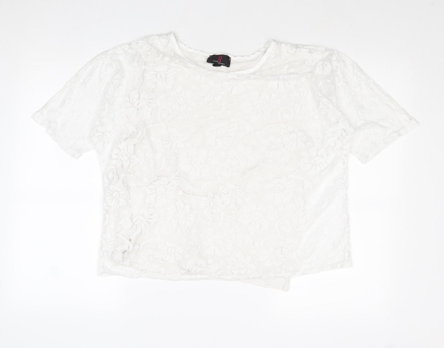 Simon Jefferey Womens White Floral Polyester Basic T-Shirt Size M Round Neck - Size M-L