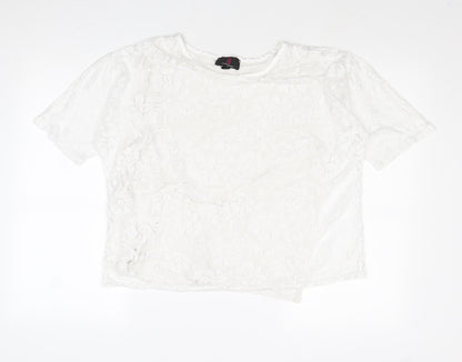 Simon Jefferey Womens White Floral Polyester Basic T-Shirt Size M Round Neck - Size M-L