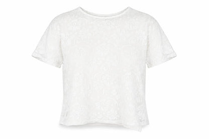 Simon Jefferey Womens White Floral Polyester Basic T-Shirt Size M Round Neck - Size M-L