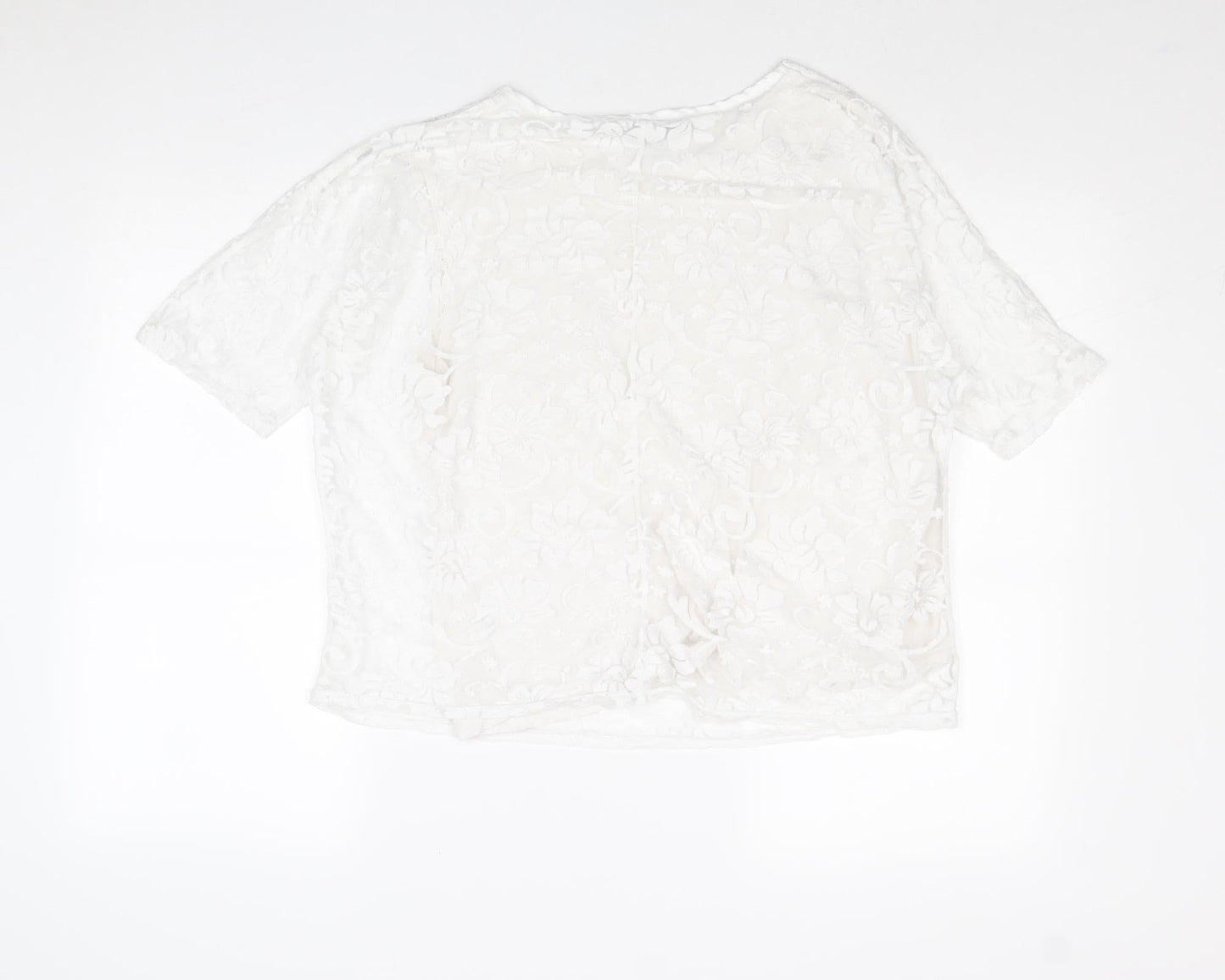 Simon Jefferey Womens White Floral Polyester Basic T-Shirt Size M Round Neck - Size M-L