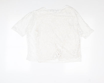 Simon Jefferey Womens White Floral Polyester Basic T-Shirt Size M Round Neck - Size M-L