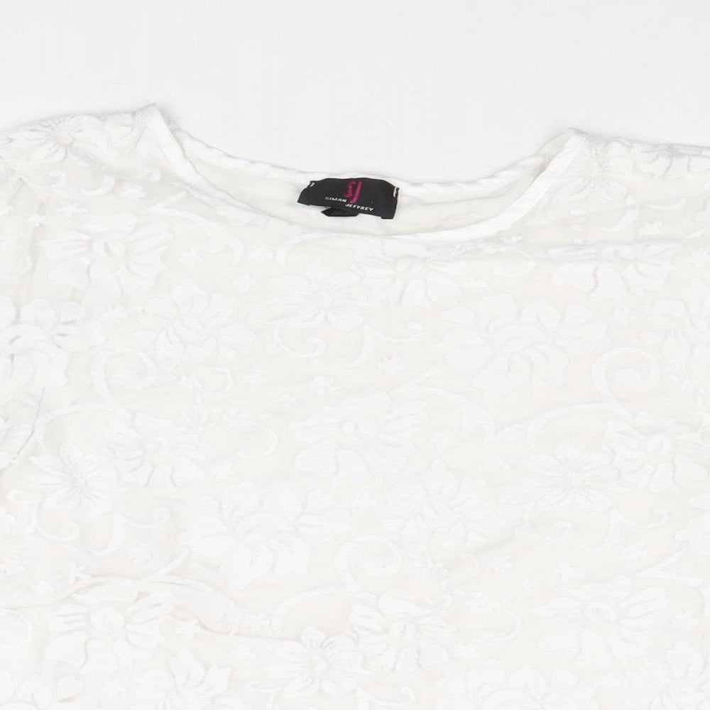 Simon Jefferey Womens White Floral Polyester Basic T-Shirt Size M Round Neck - Size M-L