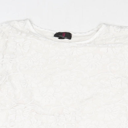 Simon Jefferey Womens White Floral Polyester Basic T-Shirt Size M Round Neck - Size M-L