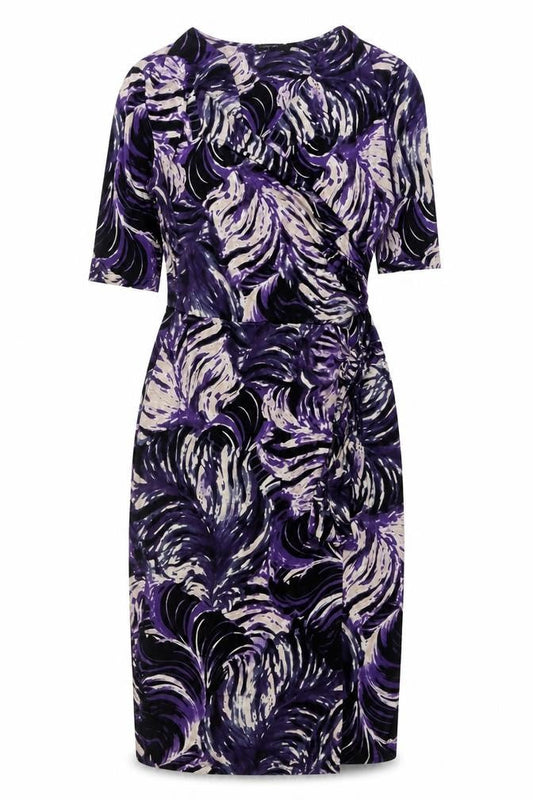 Front view of Autograph women’s purple geometric polyester shift, size UK 10, v-neck pullover