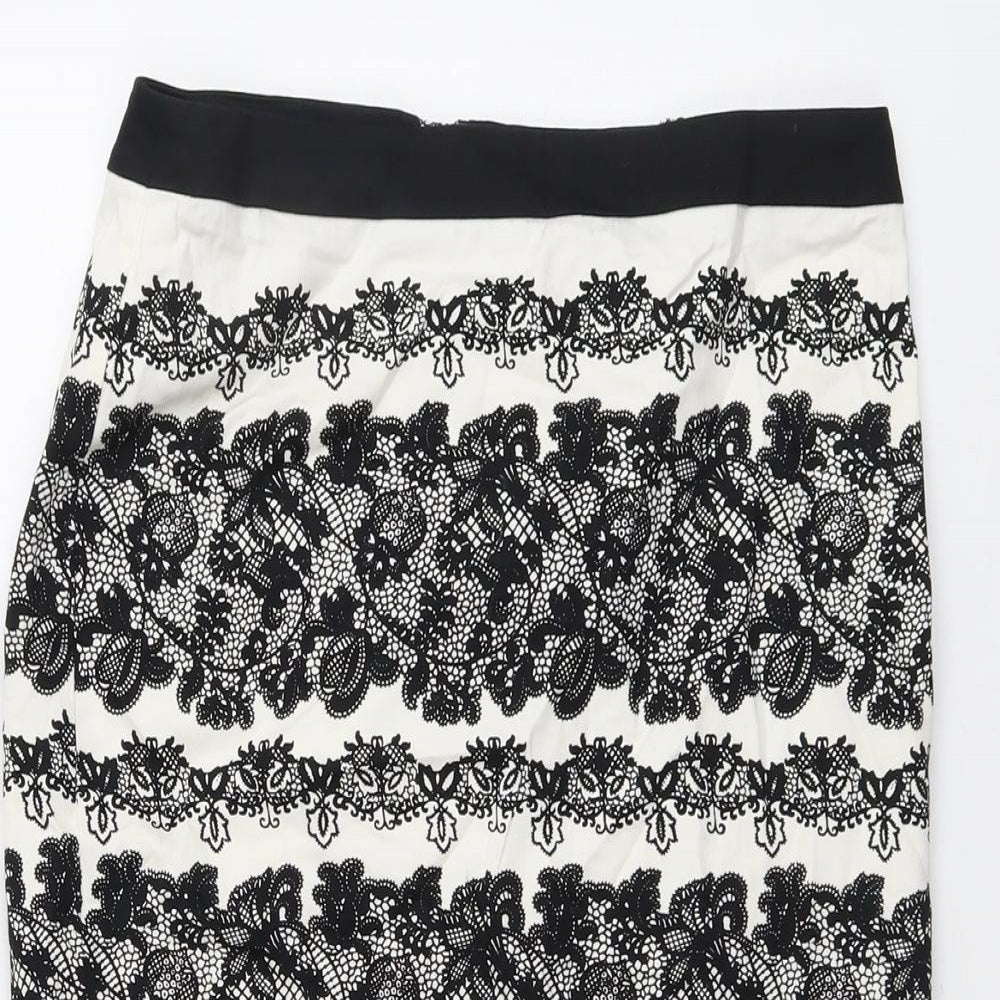 Marks and Spencer Womens Black Geometric Cotton A-Line Skirt Size 8 Zip