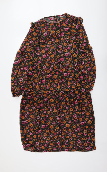 H&M Womens Black Floral Polyester Trapeze & Swing Size XS Round Neck Button
