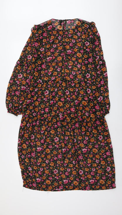 H&M Womens Black Floral Polyester Trapeze & Swing Size XS Round Neck Button
