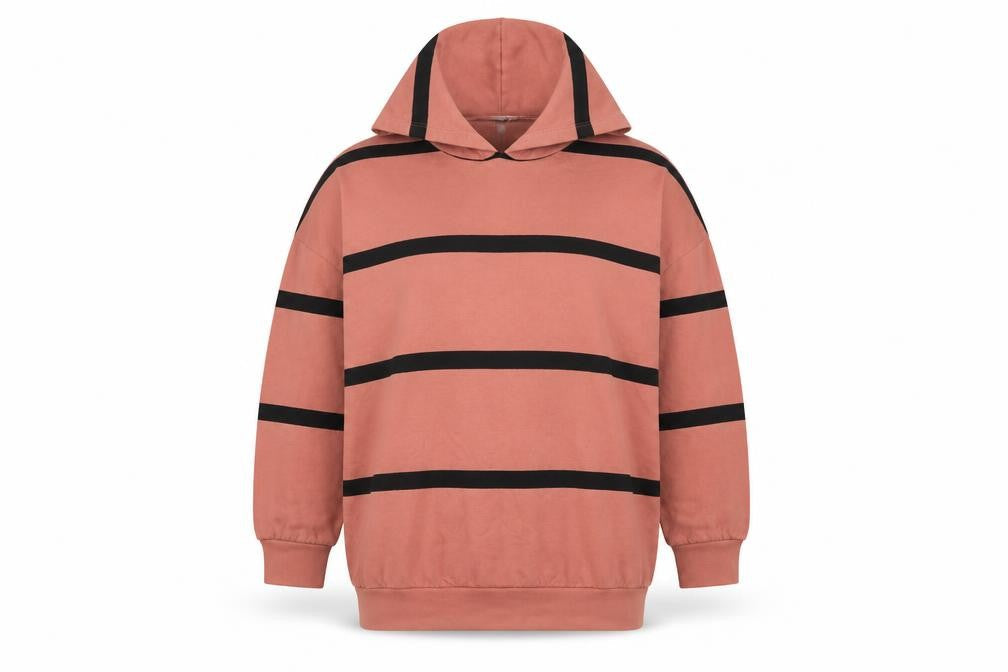 Front view of ASOS women’s pink striped cotton pullover hoodie, size UK 10, pullover