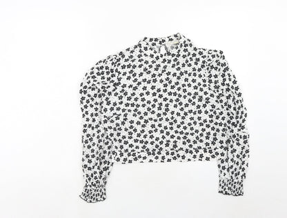 Miss Selfridge Womens White Floral Viscose Cropped Blouse Size 16 Round Neck