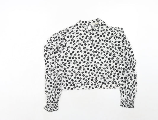 Miss Selfridge Womens White Floral Viscose Cropped Blouse Size 16 Round Neck