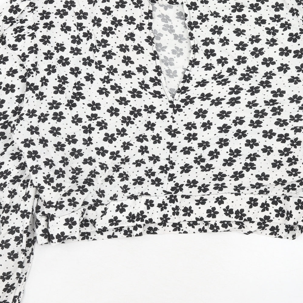 Miss Selfridge Womens White Floral Viscose Cropped Blouse Size 16 Round Neck