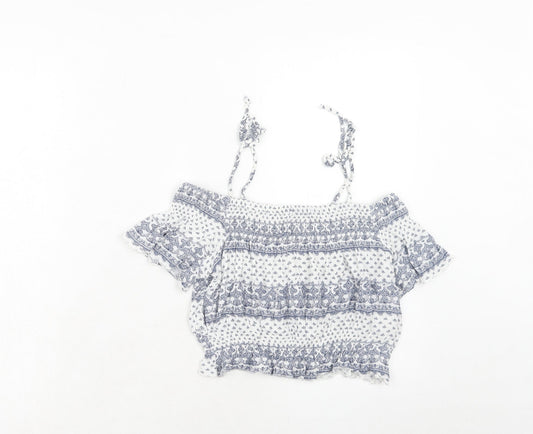 Bershka Womens Blue Geometric Viscose Cropped Blouse Size S Off the Shoulder