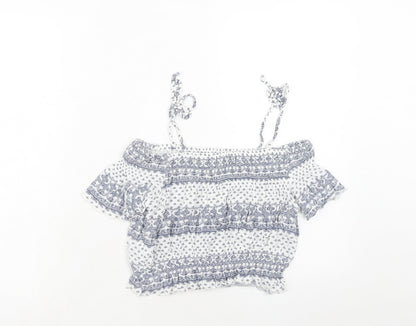 Bershka Womens Blue Geometric Viscose Cropped Blouse Size S Off the Shoulder