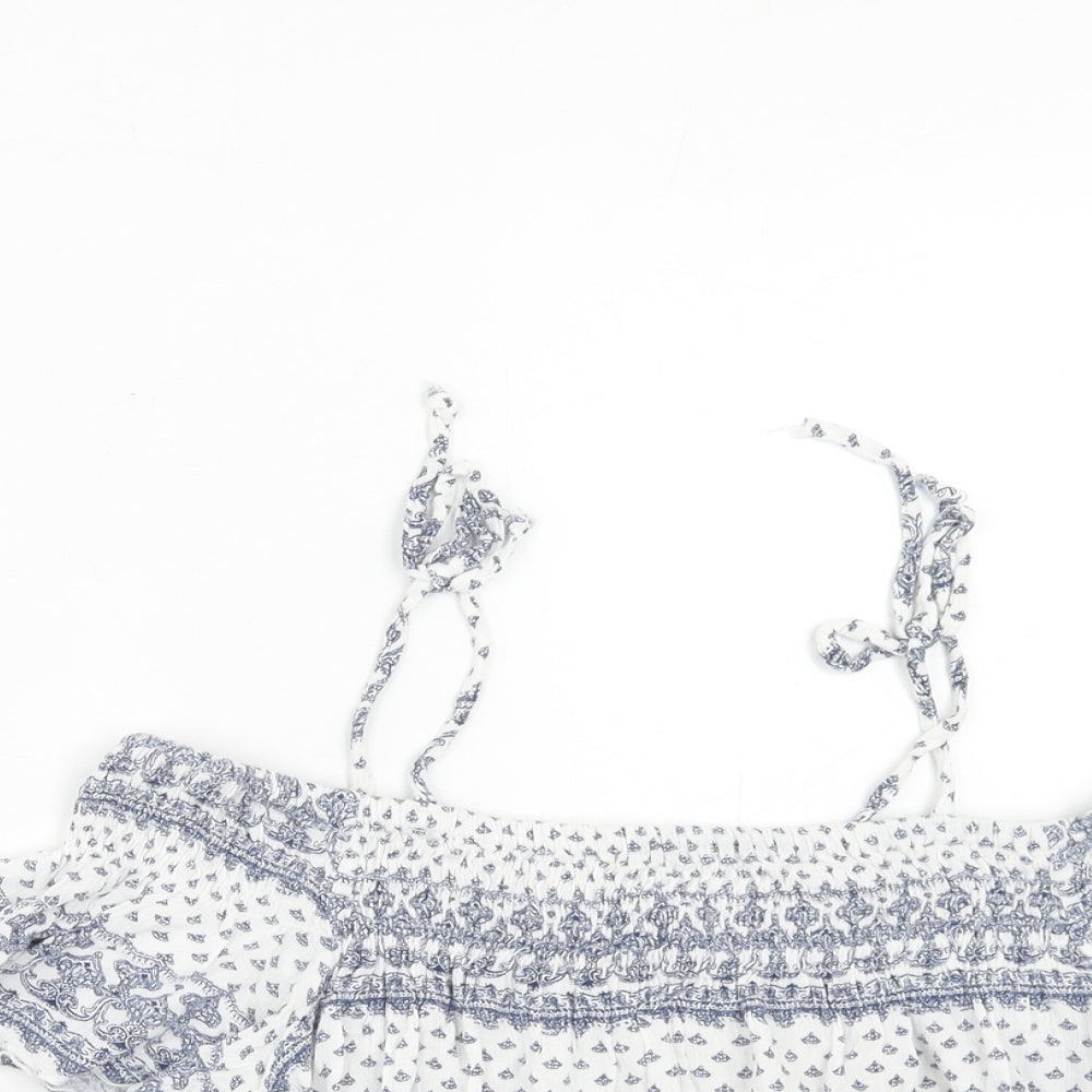 Bershka Womens Blue Geometric Viscose Cropped Blouse Size S Off the Shoulder