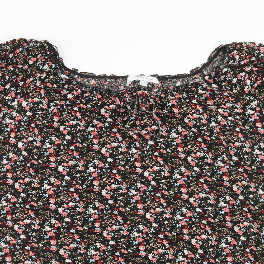 Carl Ann Womens Black Floral Viscose Basic T-Shirt Size 18 Round Neck