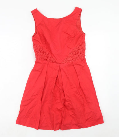 Oasis Womens Red Cotton Fit & Flare Size 10 Boat Neck Zip - Crocheted Lace Detail