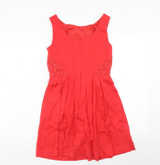 Oasis Womens Red Cotton Fit & Flare Size 10 Boat Neck Zip - Crocheted Lace Detail