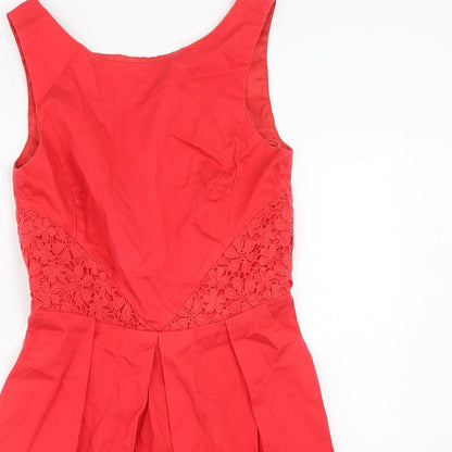 Oasis Womens Red Cotton Fit & Flare Size 10 Boat Neck Zip - Crocheted Lace Detail