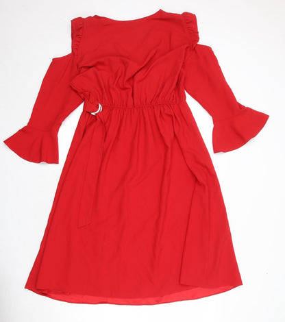 Simply Be Womens Red Polyester A-Line Size 14 V-Neck Pullover - Ruffle Cold Shoulder