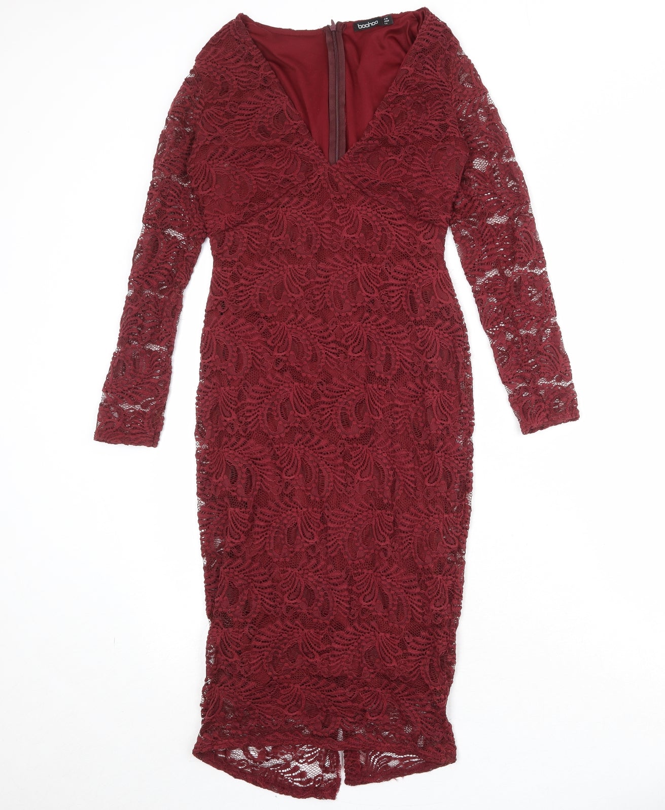 Boohoo Womens Red Geometric Nylon Bodycon Size 10 V-Neck Zip