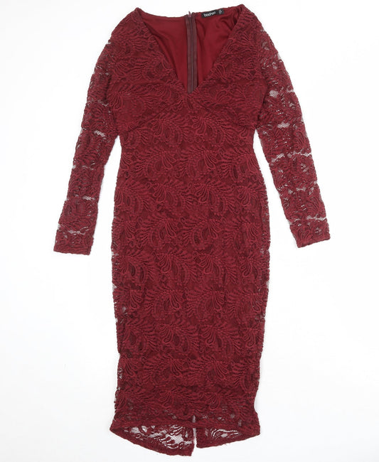 Boohoo Womens Red Geometric Nylon Bodycon Size 10 V-Neck Zip