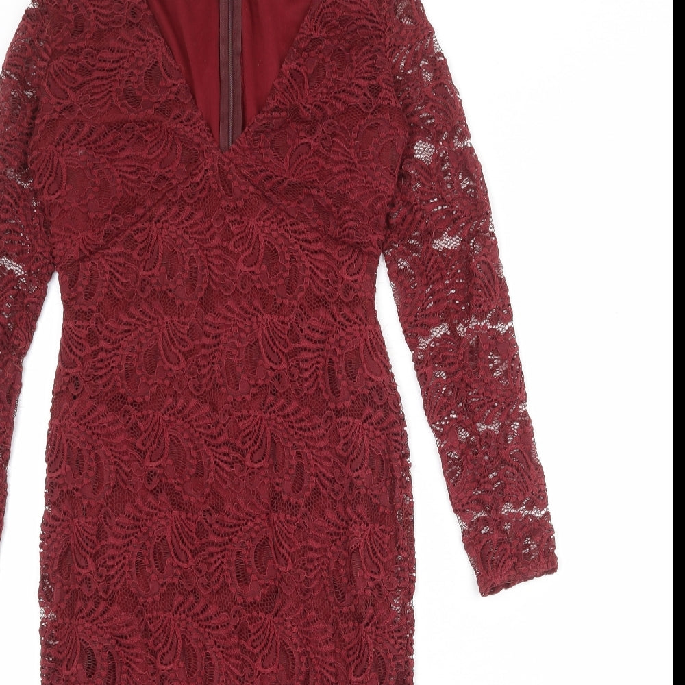 Boohoo Womens Red Geometric Nylon Bodycon Size 10 V-Neck Zip