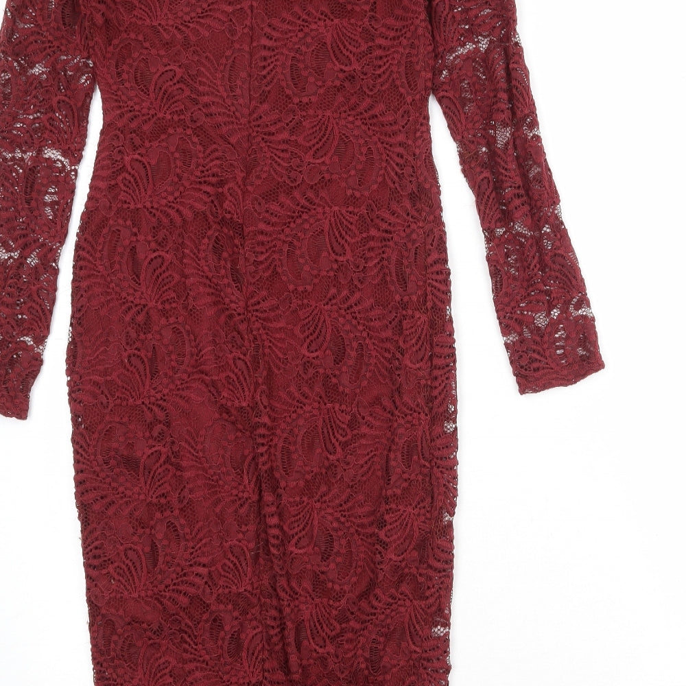 Boohoo Womens Red Geometric Nylon Bodycon Size 10 V-Neck Zip