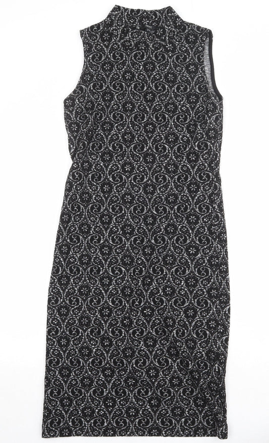 NEXT Womens Black Geometric Polyester A-Line Size 10 Mock Neck Pullover