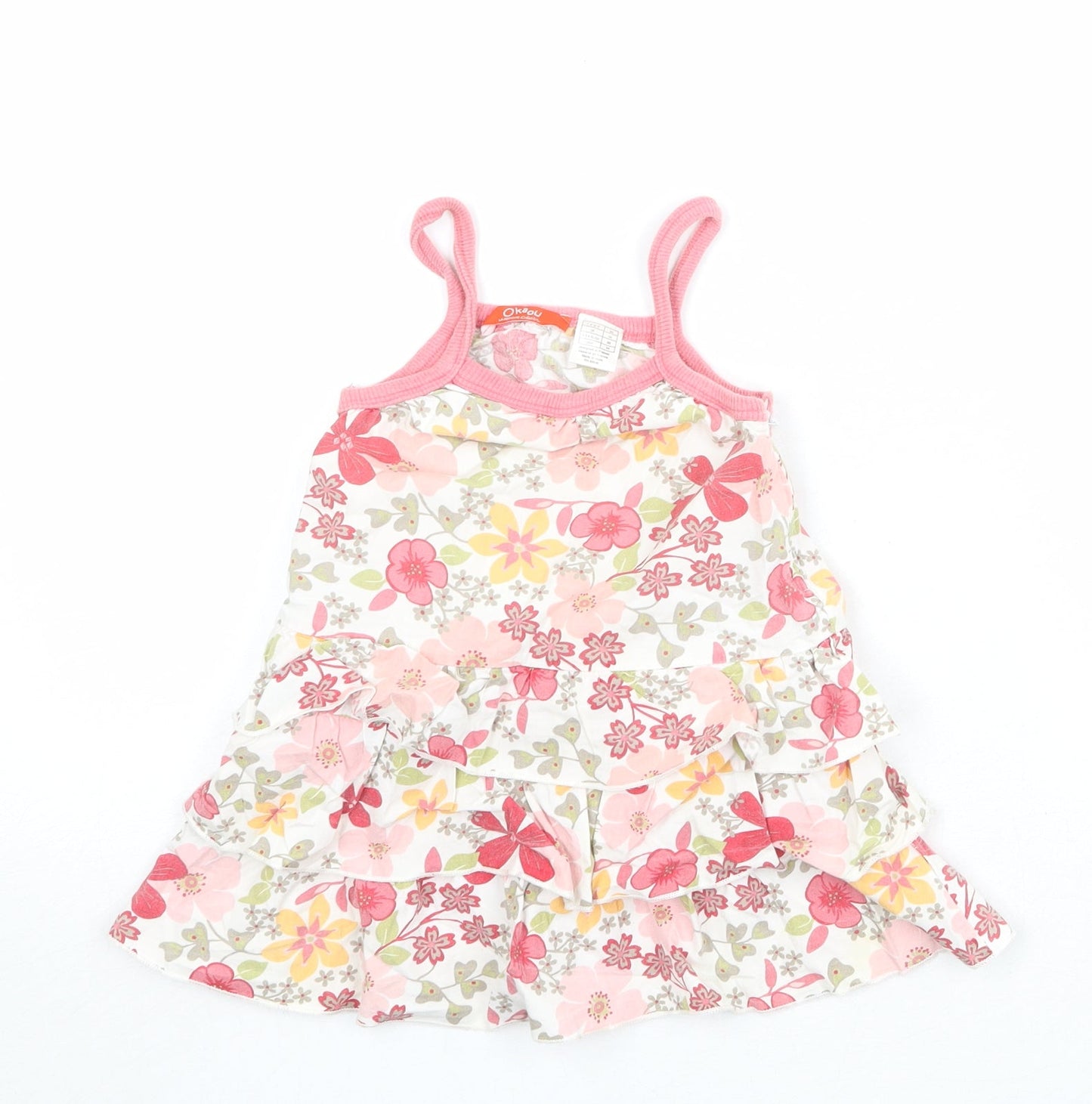 Okaou Girls Ivory Floral 100% Cotton Tank Dress Size 2 Years Square Neck Pullover