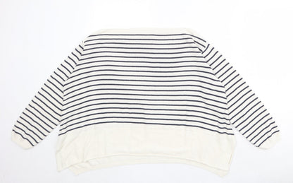 Ella Moda Womens Beige Boat Neck Striped 100% Cotton Pullover Jumper Size S